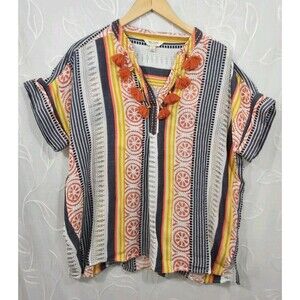 True Luxe Ladies L Boho blouse Tassle Lightweight Beachy Cotton
